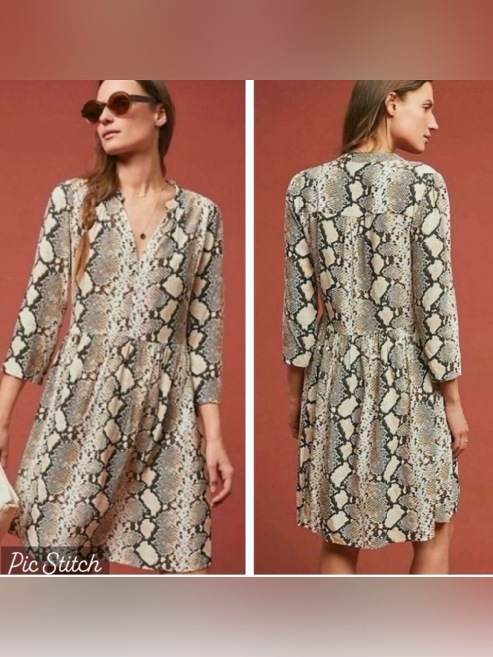 Anthropologie Maeve Juno Snakeskin Print Dress Size Large 3/4 Sleeve V Neck